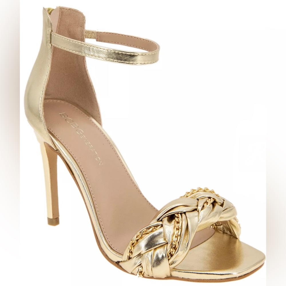 BCBG women’s stiletto heel ankle strap gold sandal